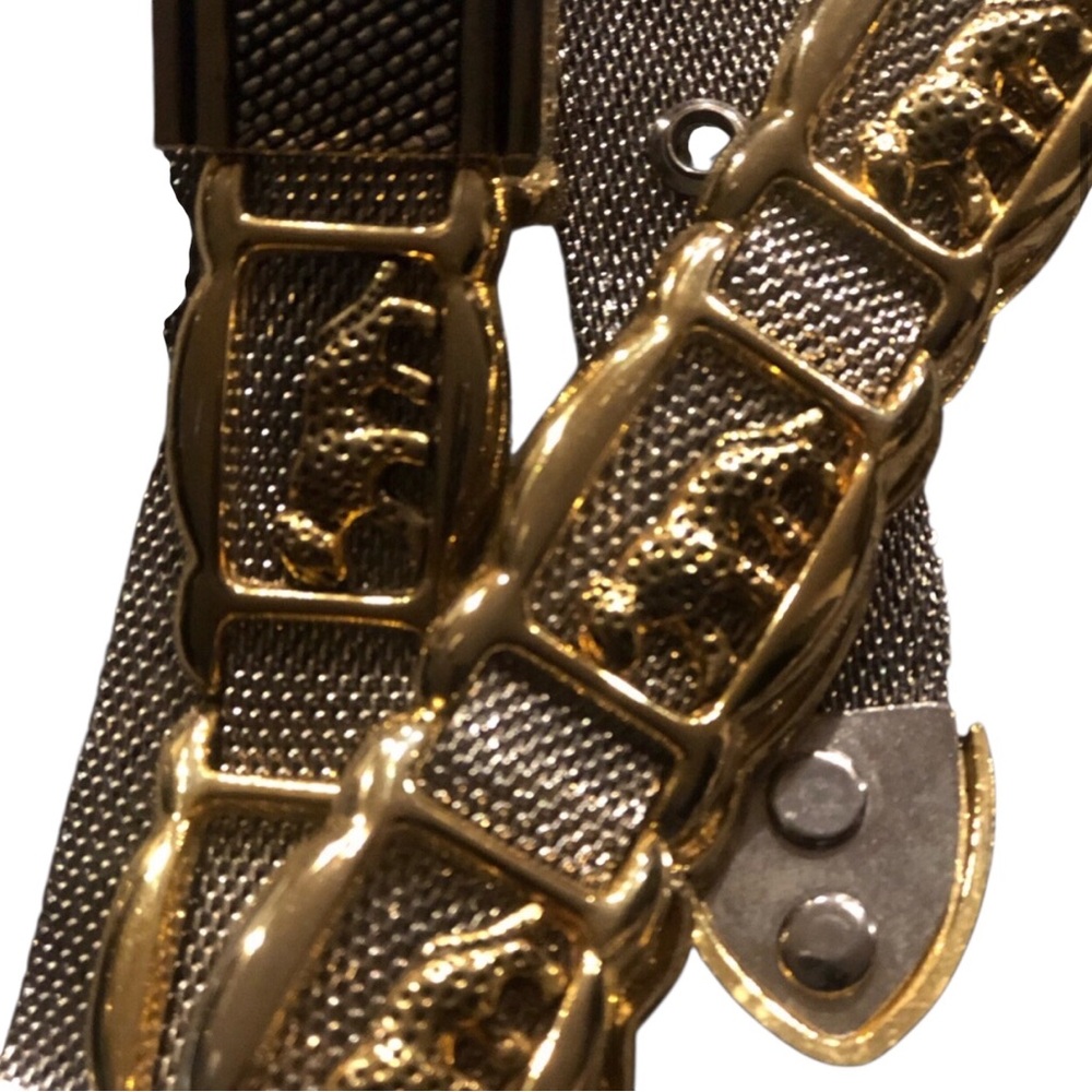 80s 90s VTG Ornate Art Deco Mini Sculpted Leopard Chain Mail Gold Tone Belt M/L